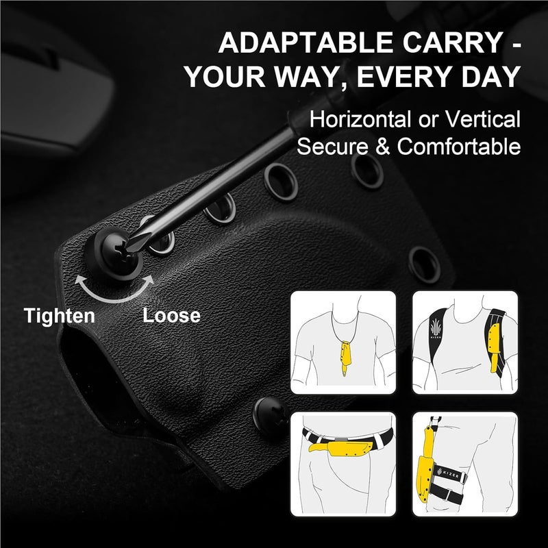 KIZER Drop Bear Fixed Blade Knife, 2.57" Gray Stonewash 14C28N Blade EDC Camping Knife with Brown Burlap Micarta Handle & Hidden Tools, Full Tang Hunting Knives with Adjustable Kydex Sheath, 1094A1 - Image 4